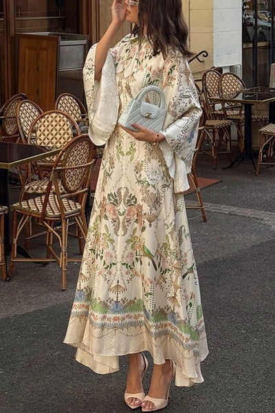 Serene Refinement Unique Art Printed High Tie-up Neck Bell Sleeve Kaftan Maxi Dress
