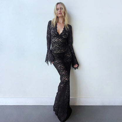 V Neck Lace Flare Sleeve Dress