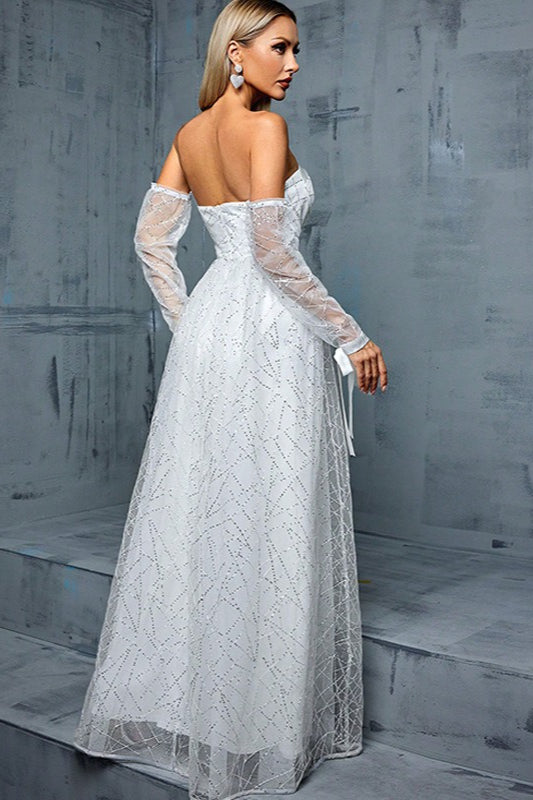 French Off Shoulder Long Sleeve Mesh Prom Dress