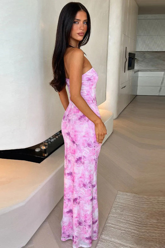 Strapless Printed Slim Maxi Floral Dress
