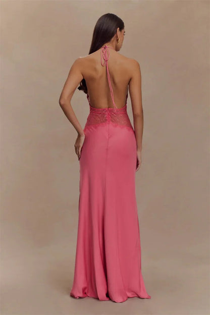 Lace Patchwork Backless Halter Boho Dress