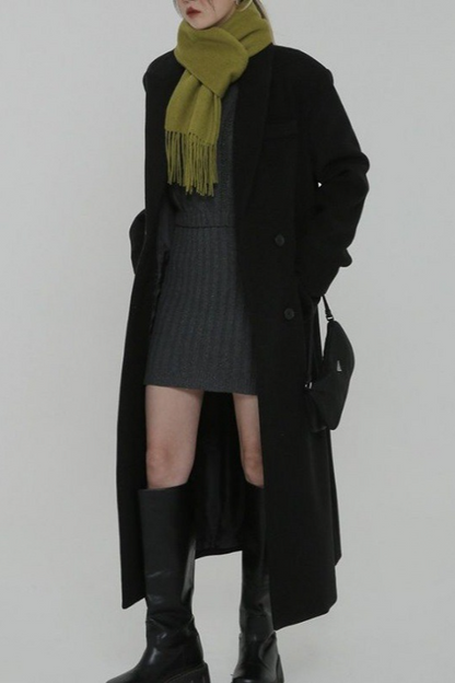 Thick Black Wool Blend Regular Shoulder Loose Overcoat