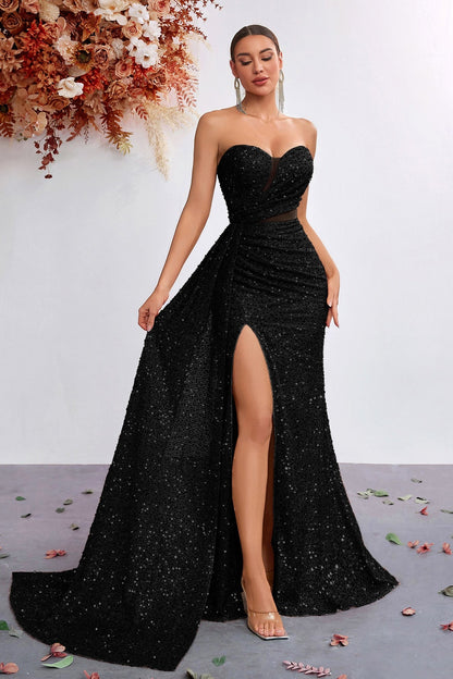 Sequin Strapless High Waist Slit Prom Dress