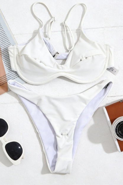 Solid Color Metal Buckle Sexy Bikini Set