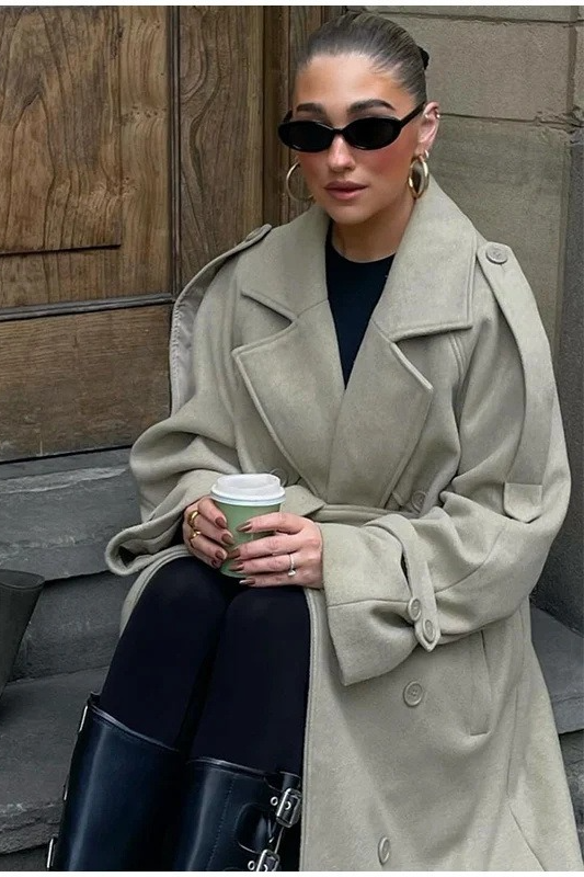 Scarf Accent Woolen Chic Long Overcoat