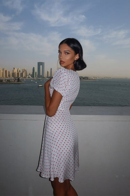 Polka Dot Deep V Bow Front Puff Sleeve Fit and Flare Mini Dress