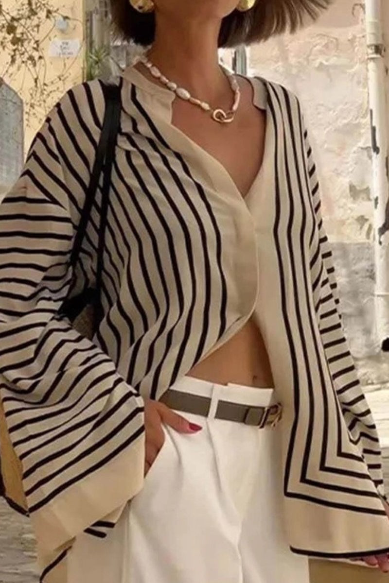 Striped Loose Long Sleeve Button Down Blouse