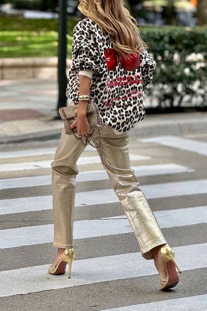 Leopard print cherry print oversized sweatshirt
