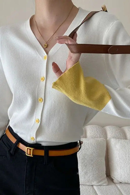 Flare Sleeve Colorblock Knit V-Neck Cardigan