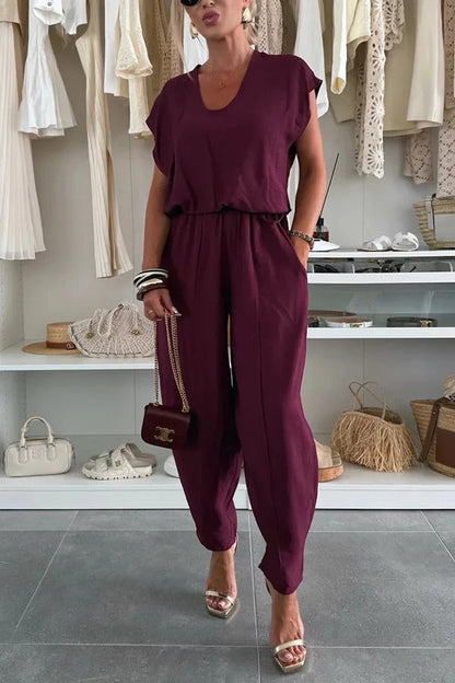 Leva Linen Blend Drawstring Short Sleeve Top and Elastic Waist Pocket Loose Tapered Pants