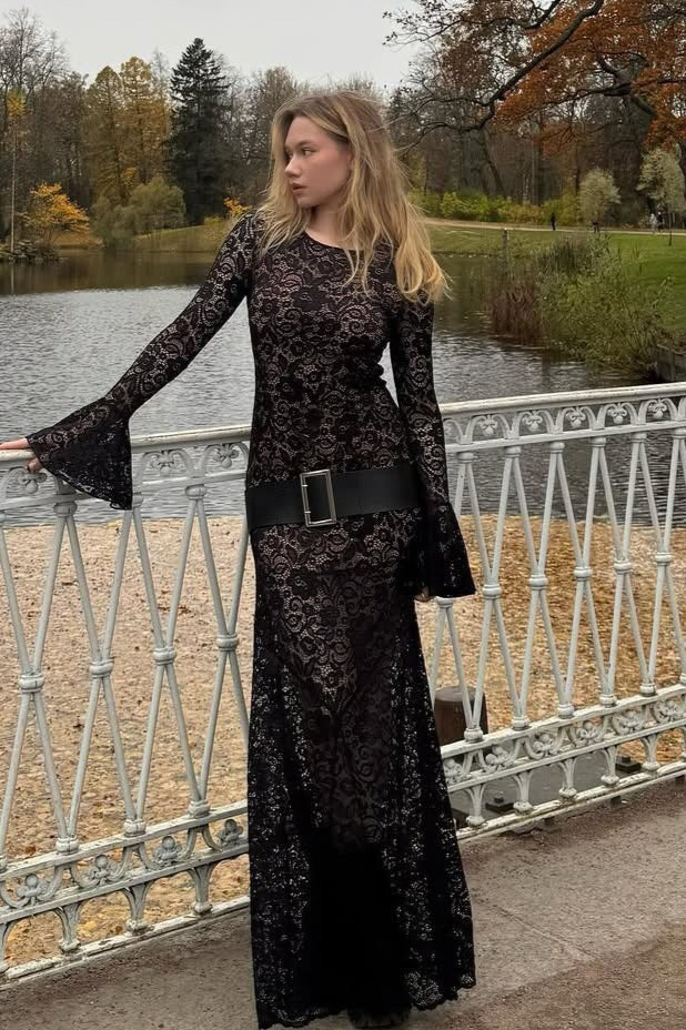 Bell Sleeve Backless Lace Dress