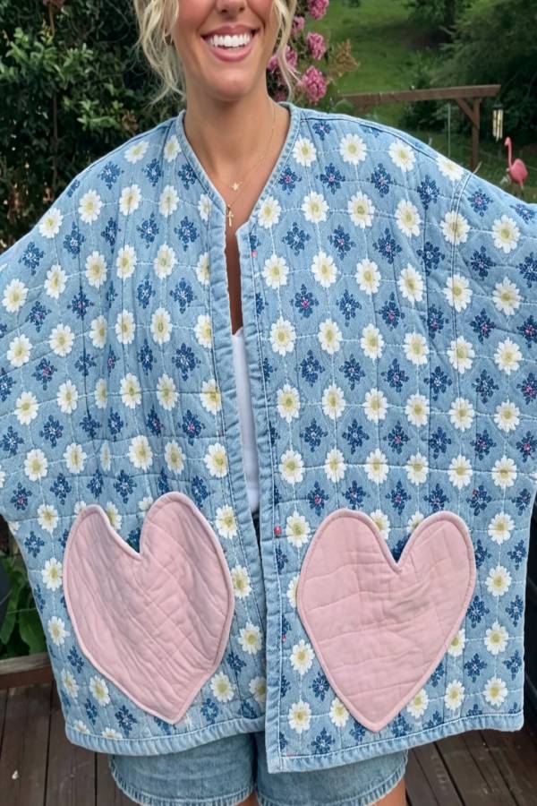 Sweet Floral Quilted Jacket With Heart‑Shaped Pockets