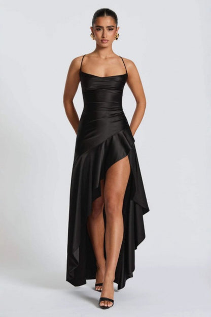 Spaghetti Strap Backless Ruffle Prom Dress