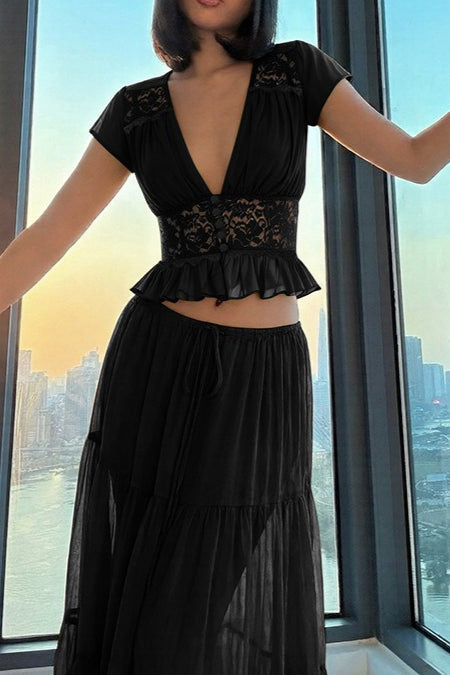Sexy Sheer Lace Chiffon Tie Top Maxi Skirt Set