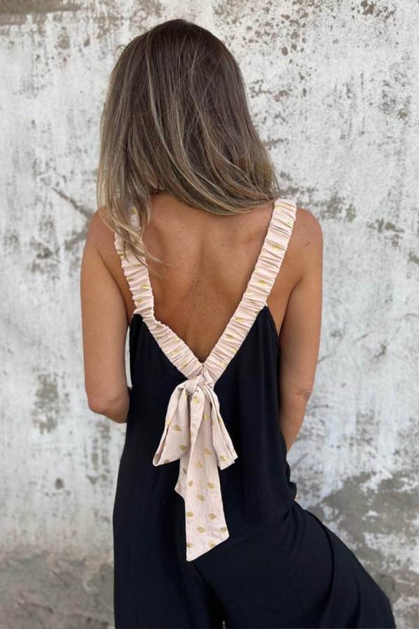 Unique Two-Color Patchwork Open Back Loose Pocket Jumpsuit