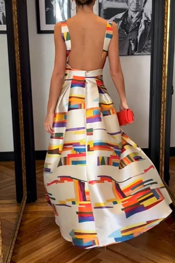 Off-Shoulder Sleeveless Open Back Color Geometric Stripe Satin Full Maxi Gown Dress