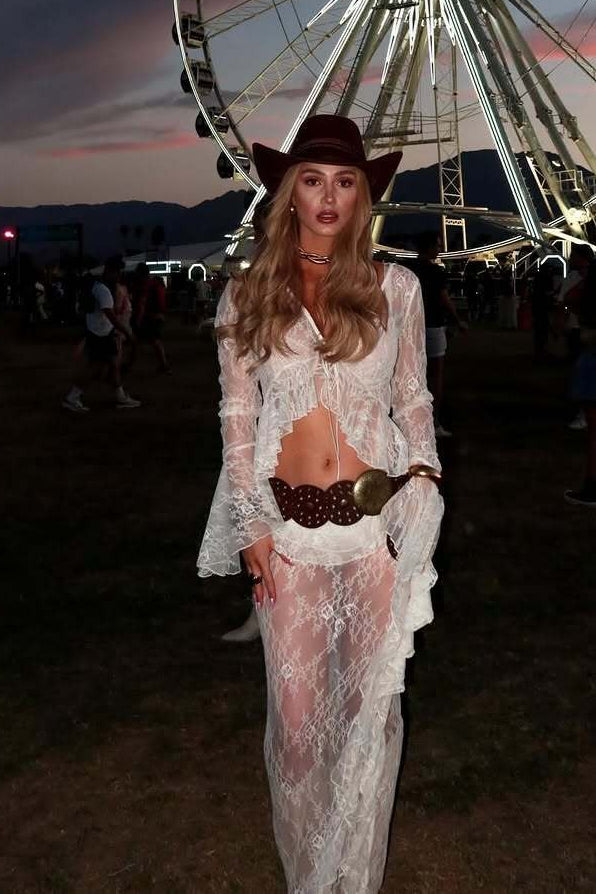Ruffle Lace Sheer Bell Sleeve Boho Skirt Set