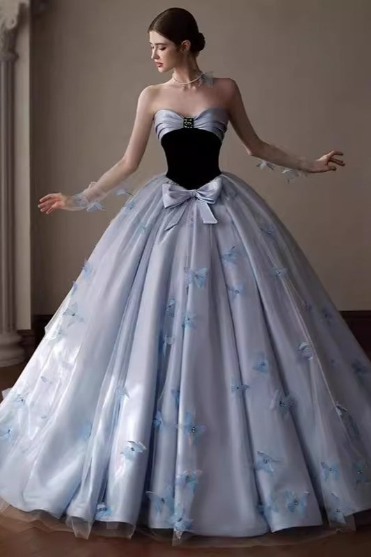 Floral Applique Strapless Ball Gown Prom Dress