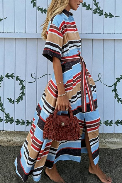 Josephine Colorful Stripes Button Up Wide Sleeve Belt Pocket Shirt Midi Dress