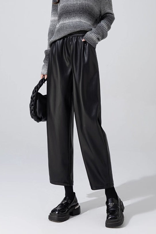 Slim PU Leather Elastic Waist Straight Pants