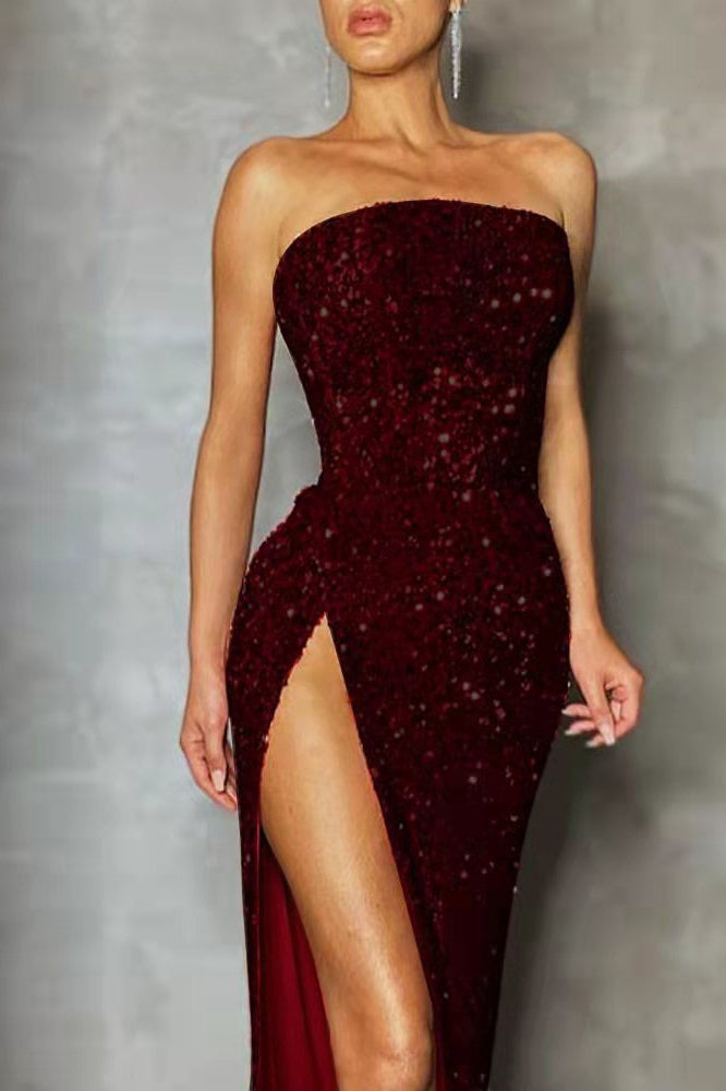 Sequin Split Strapless Off Shoulder Formal Dress