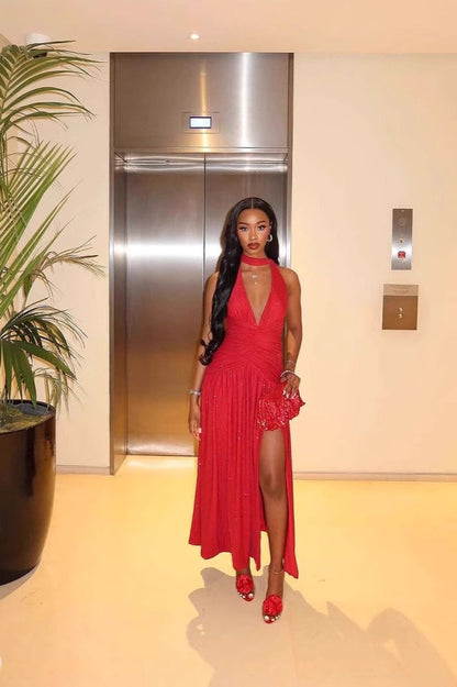 Sleeveless Backless Deep V Sequin Slit Formal Dress