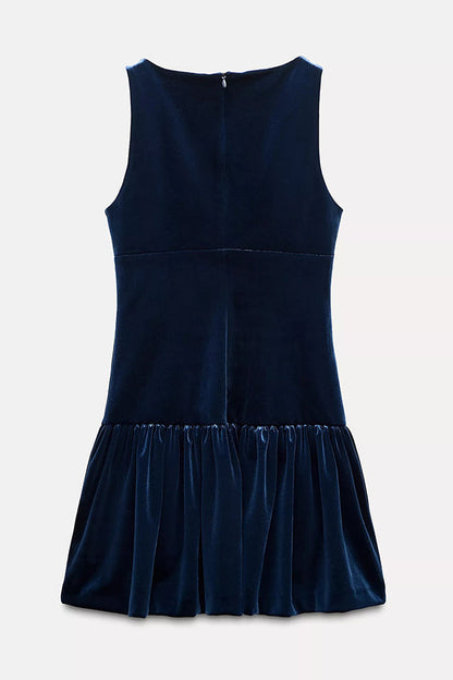 Velvet Bow Trim Drop Waist Gathered Pleated Mini Dress