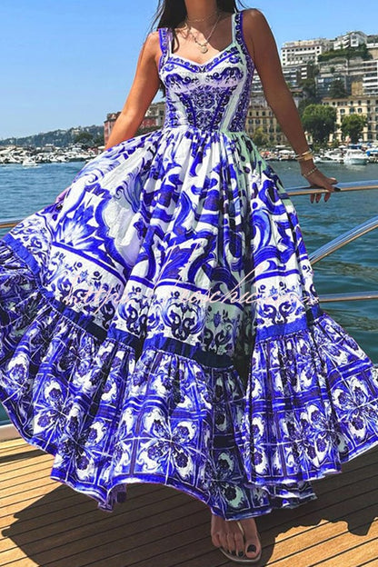 Tile Print Corset Bodice Tiered Ruffle Maxi Dress