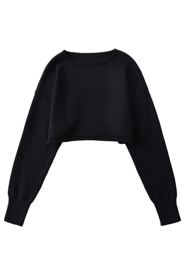 Round Neck Solid Color Loose Casual Long Sleeve Super Short Knitted Sweater