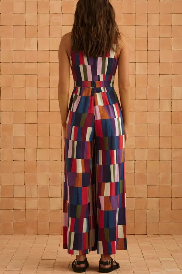 Retro Chic Linen Blend Colorful Color Block Front Waist Tie Detail Sleeveless Wide Leg Jumpsuit