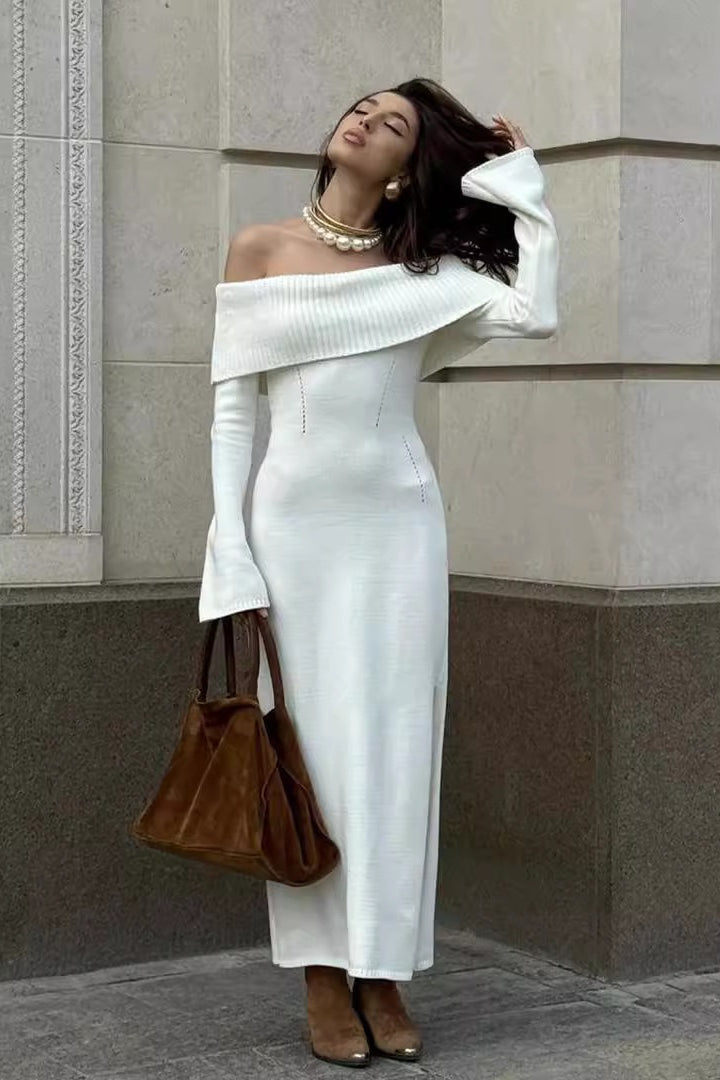 Collared Off-Shoulder Knit Sweater Dress
