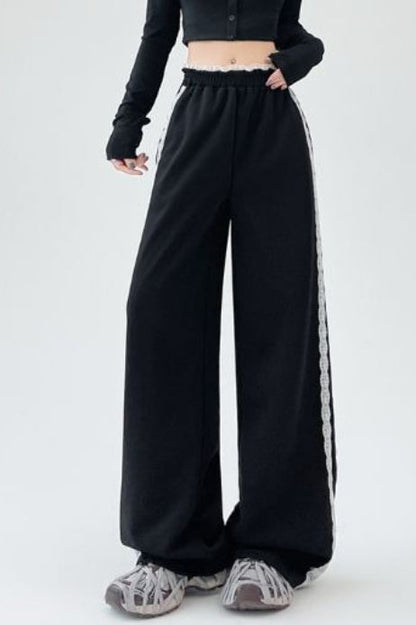 Lace Panel Athletic Wide Leg High Waist Pants