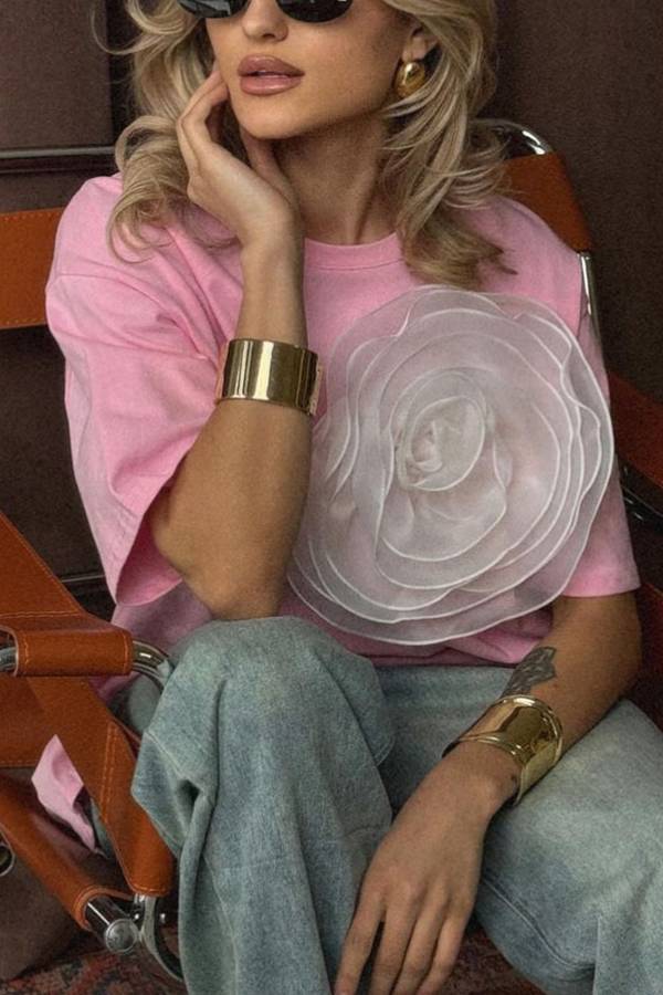 Loose T-shirt Three-dimensional Mesh Camellia Cotton Short-sleeved Top