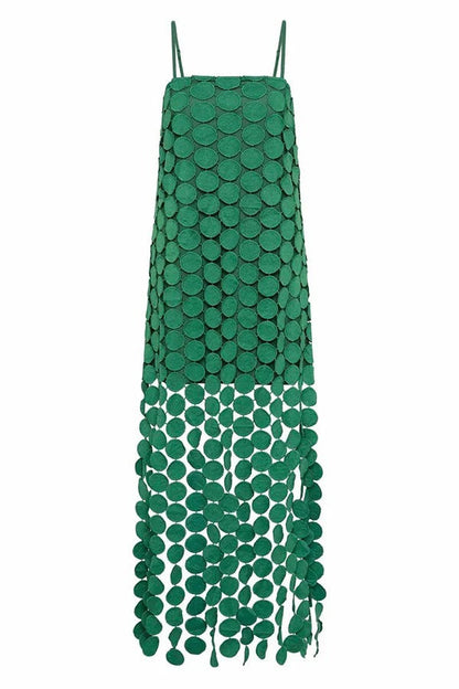 Juju Embroidered Cutout Polka Dots Square Neck Tassel Hem Slip Maxi Dress