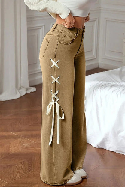 Fashionable Denim Mid Rise Side Ribbon Lace-up Pocket Wide Leg Jeans
