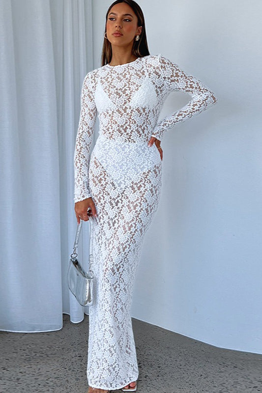 Sheer Lace Cutout Pattern Bodycon Maxi Lace Dress