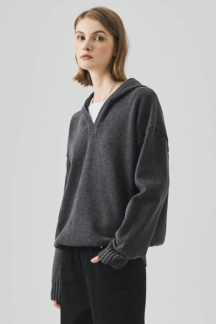 Slouchy V-Neck Hooded Sweater