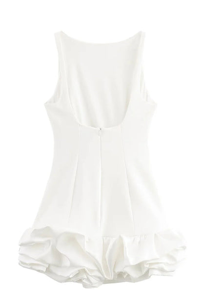 High Neck Sleeveless Sculpted Ruffle Bubble Hem Mini Dress