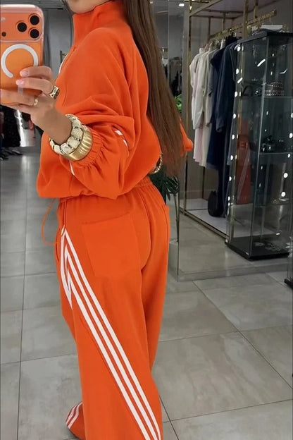 Fashionable Sporty Stripes Long Sleeve Zipper Drawstring Jacket and Elastic Waist Pocket Pants Set