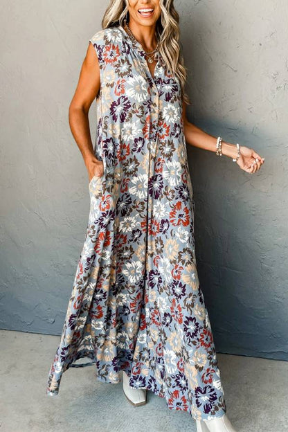 Sky Blue Floral Sleeveless Pocketed Wide Leg Jumpsuit