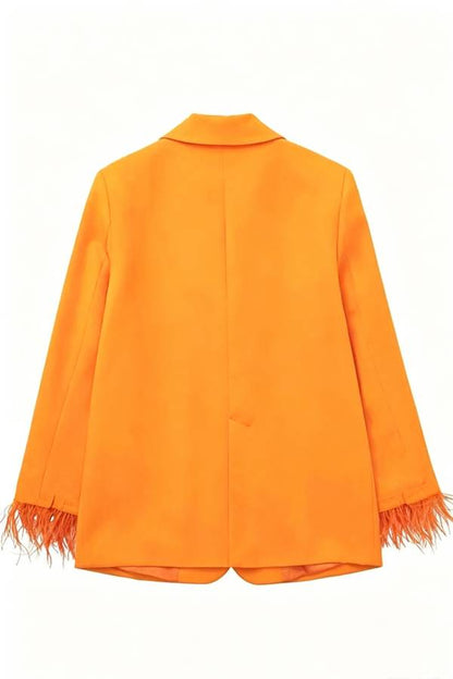 Chic Day Button Up Feather Trim Long Sleeve Pocketed Lapel Blazer