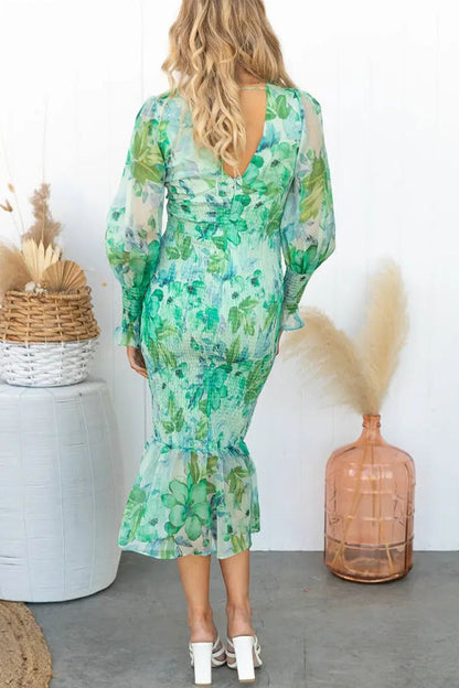 Deep V-Neck Smocked Floral Print Balloon Sleeve Ruffle Hem Mermaid Midi Dress