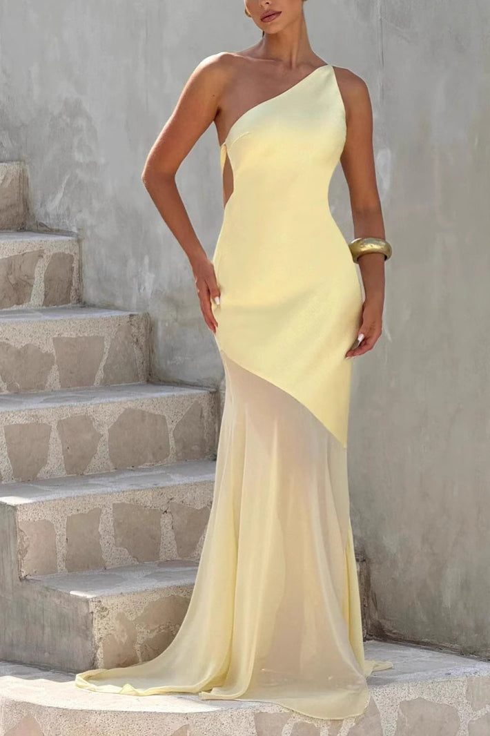 One Shoulder Sleeveless Backless Mesh Gown Prom Dress