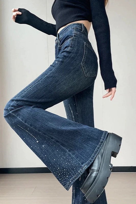 Sparkly Rhinestone High Waist Flare Jeans