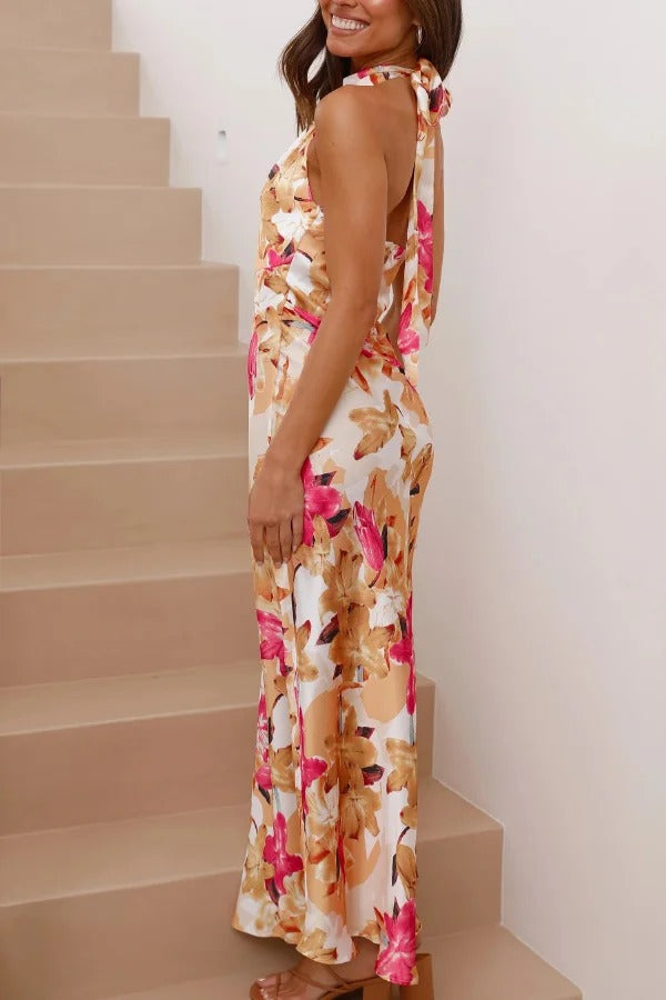 Floral Print Sleeveless Halter Neck Tie Holiday Maxi Dress