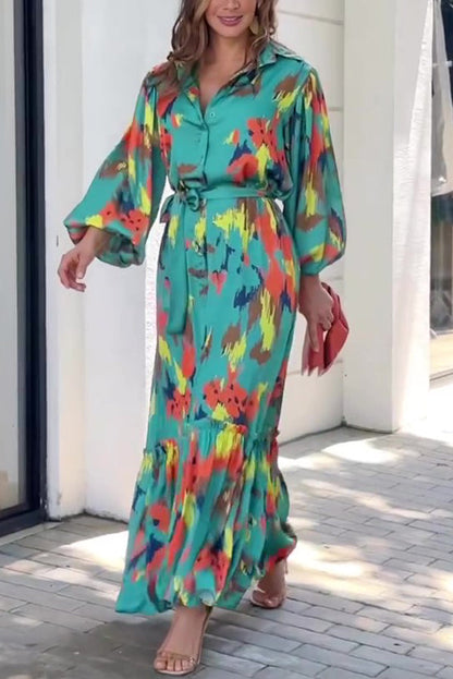 Abstract Brushstroke Print Collar Balloon Sleeve Tie Waist Tiered Maxi Dress