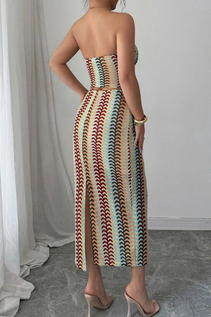 Playful Colorful Knitted Sexy Tube Top and Elegant Back Slit Midi Skirt Set