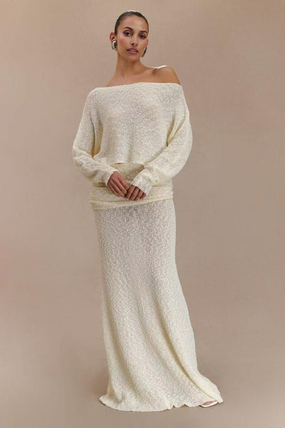 Ribbed Knit Off Shoulder Maxi Skirt Set
