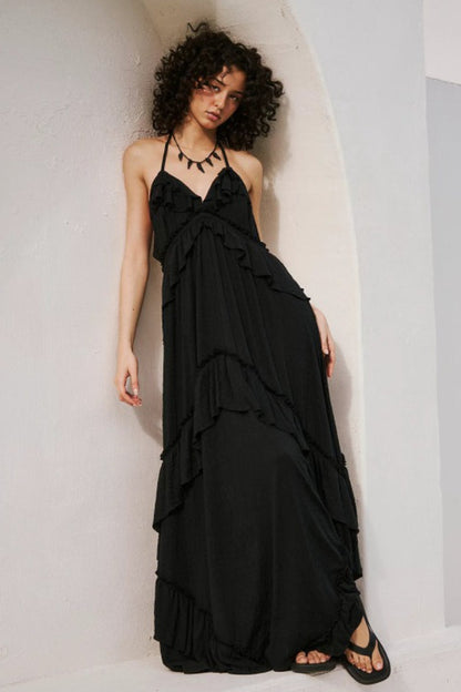 Solid Backless Ruffle Patchwork Boho Dress