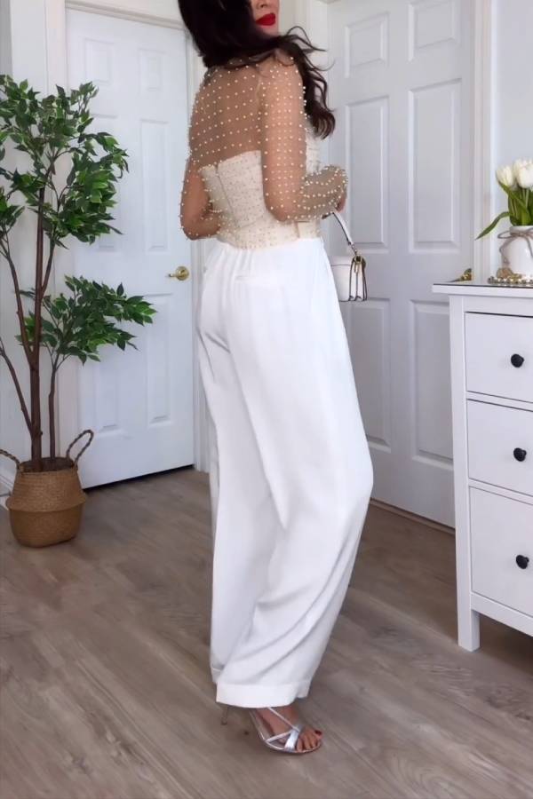 Sheer Long-Sleeved Blouse with Pearl Embellishments